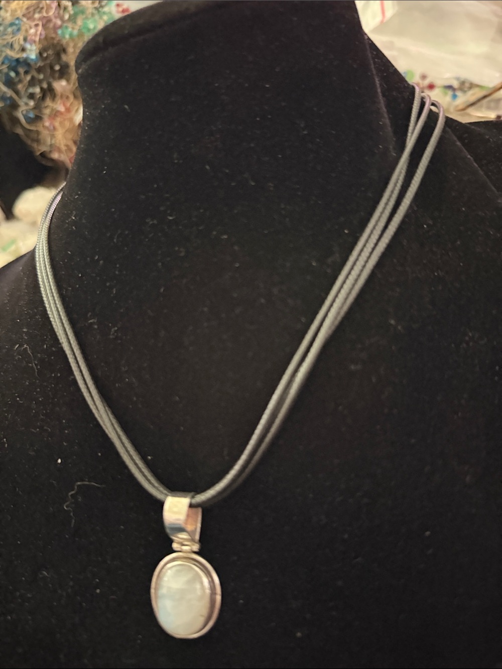 Classic sterling Silver Oval rainbow moonstone Pendant  with Black Cord